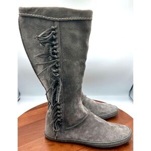 Ugg Mammoth Moccasin Boots Tall Fringe Suede‎ Grey 1008812 Womens Size 8.5 Boho